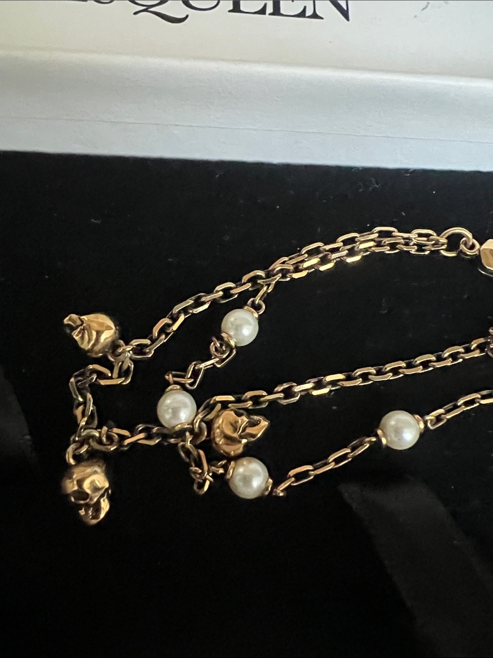 Alexander McQueen Gold Multi-Chain Bracelet with White Pearls